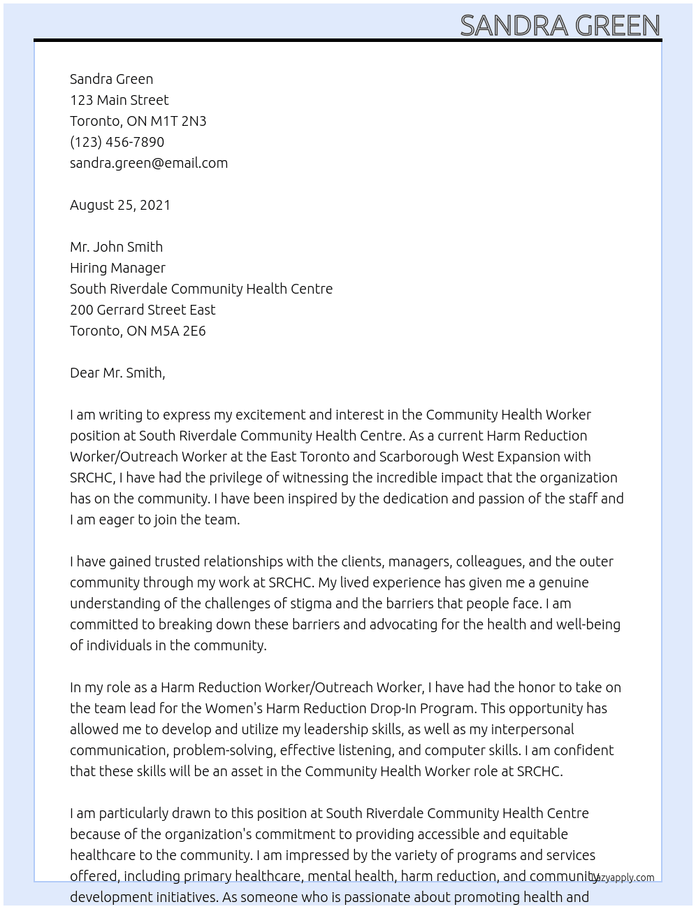 Community health worker  At South Riverdale community health centre  Cover Letter