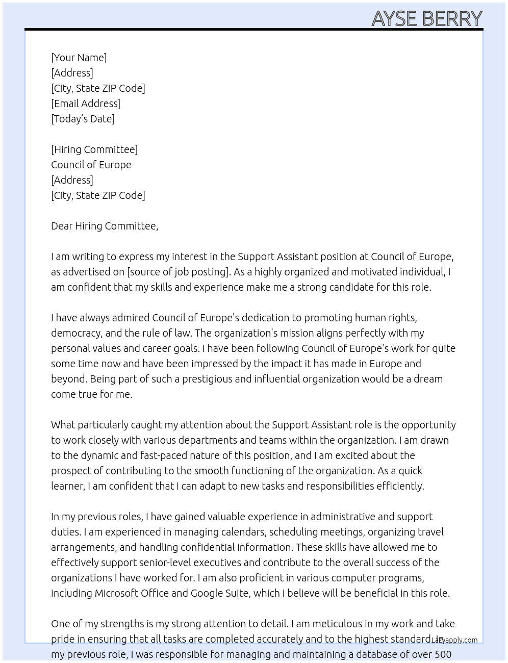 Support Assistant At Council of Europe Cover Letter