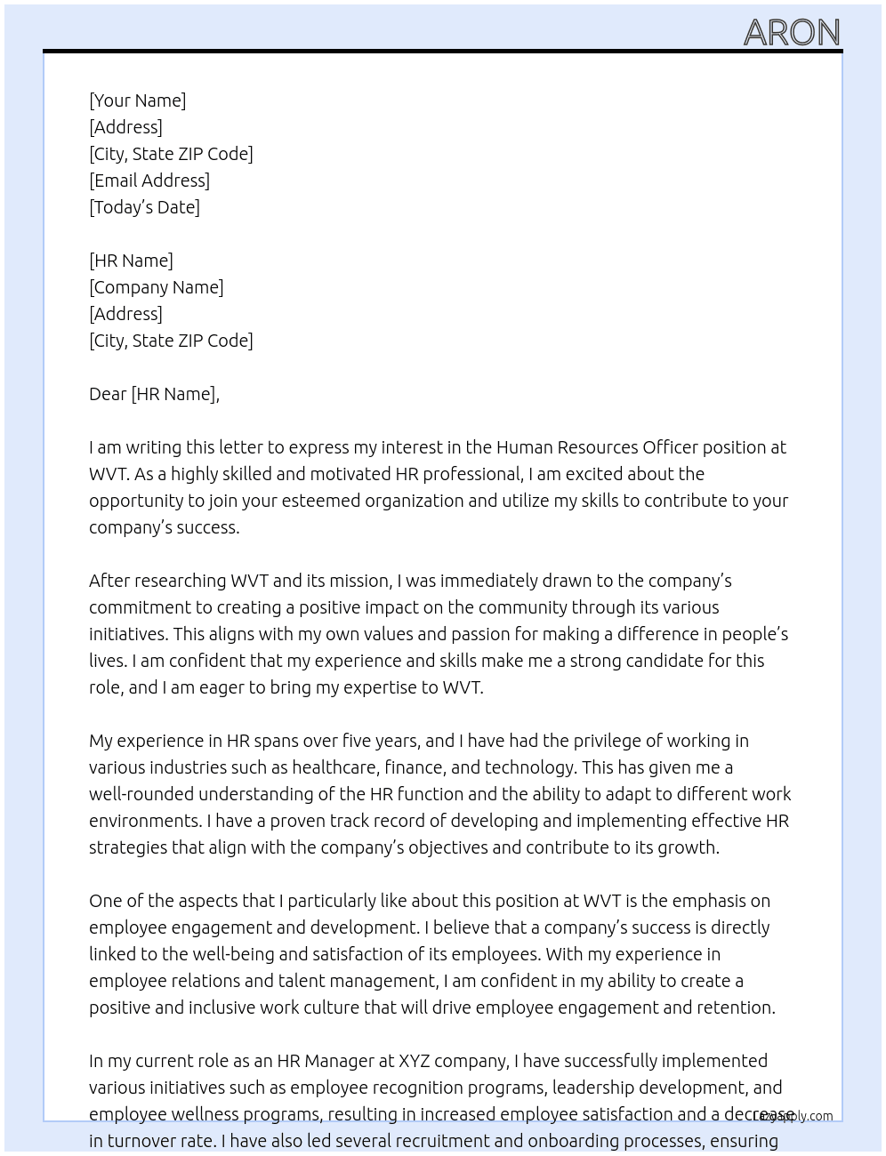 Human Resources Officer At WVT Cover Letter