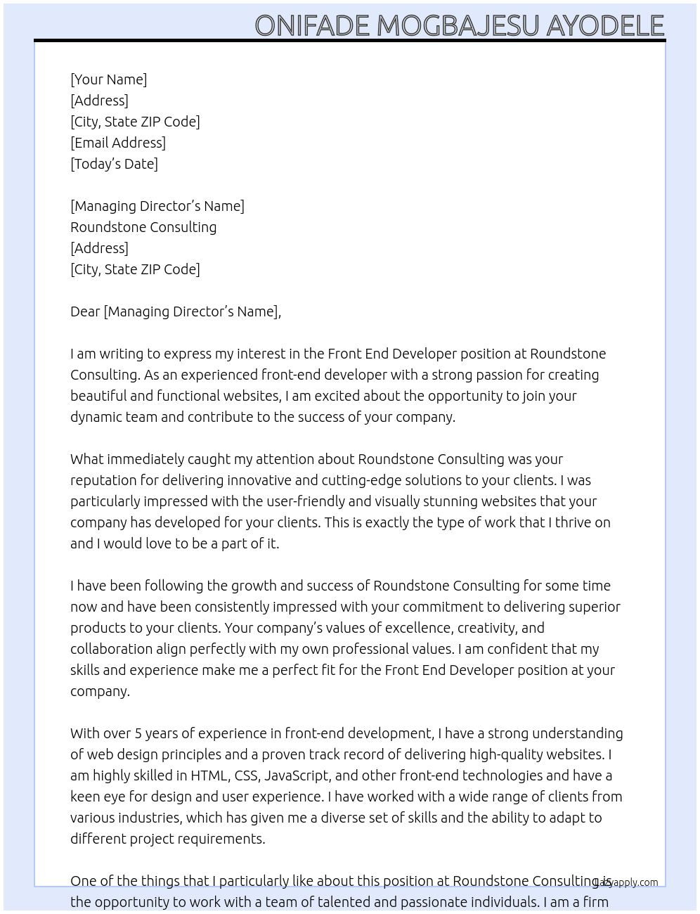 Front End Developer At Roundstone Consulting Cover Letter