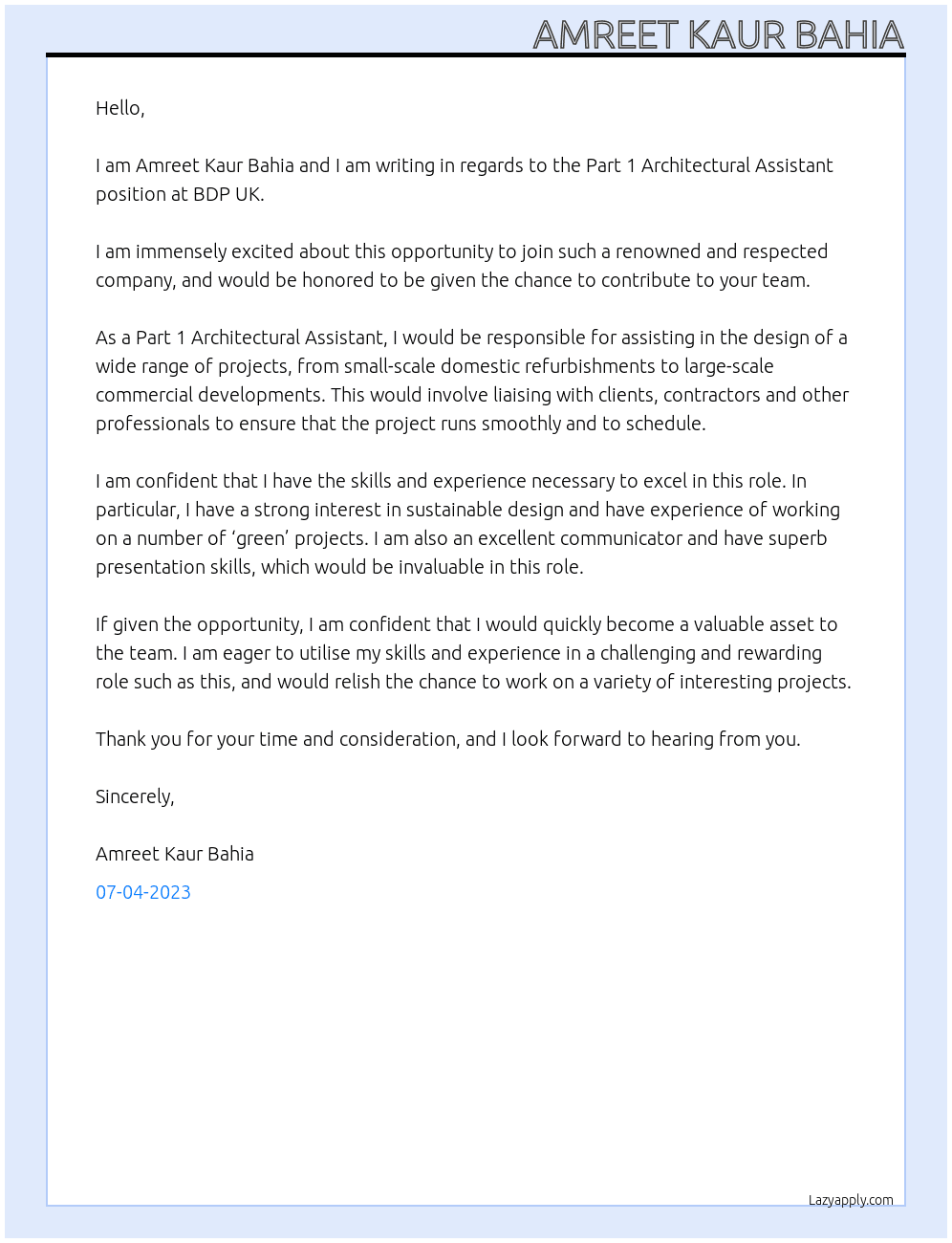 Part 1 Architectural Assistant  At BDP UK  Cover Letter
