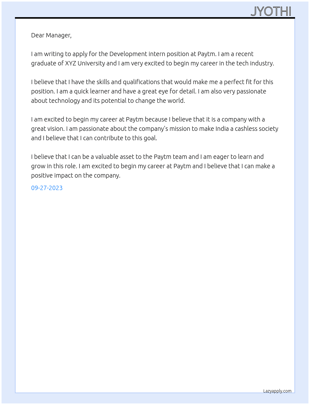 Development intern  At Paytm  Cover Letter