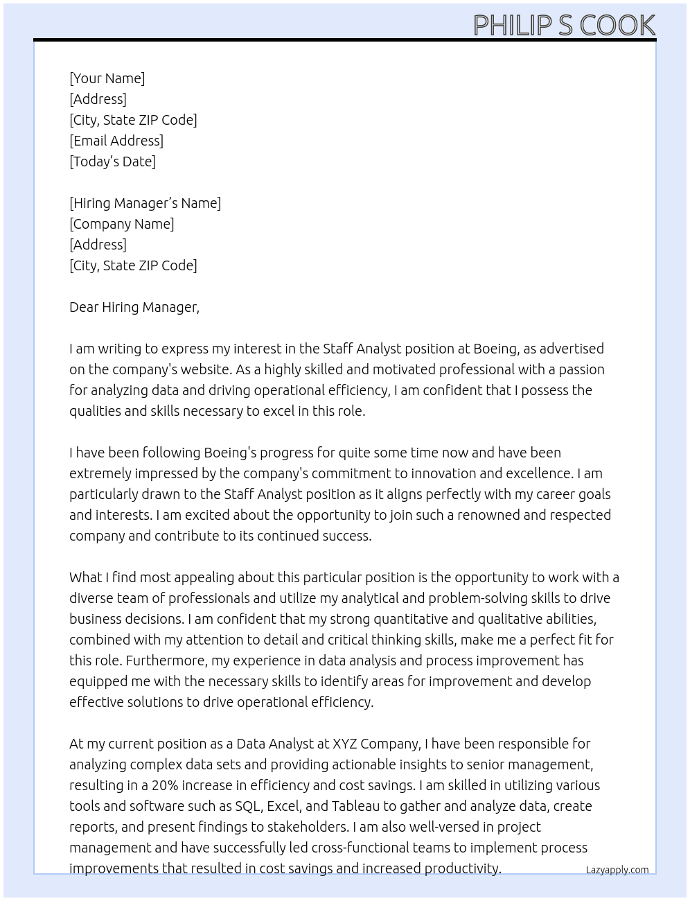 Staff Analyst At Boeing Cover Letter
