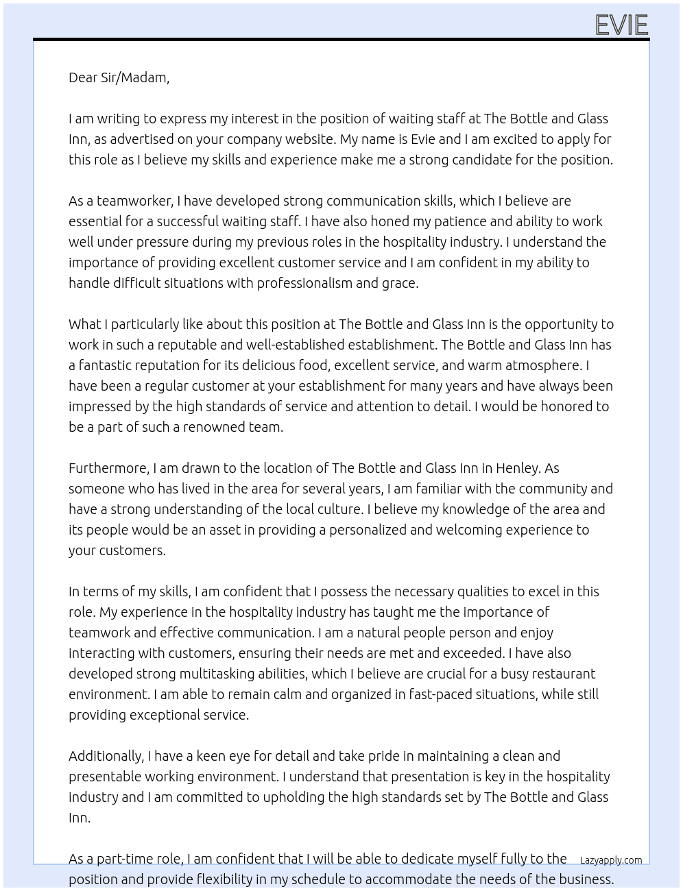 waiting staff At the bottle and glass inn Cover Letter