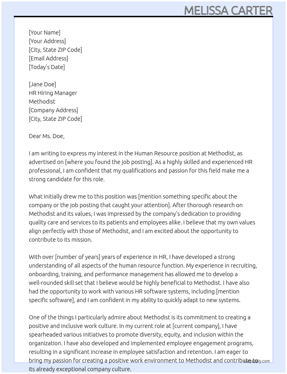 Human Resourse  At Methodist Cover Letter