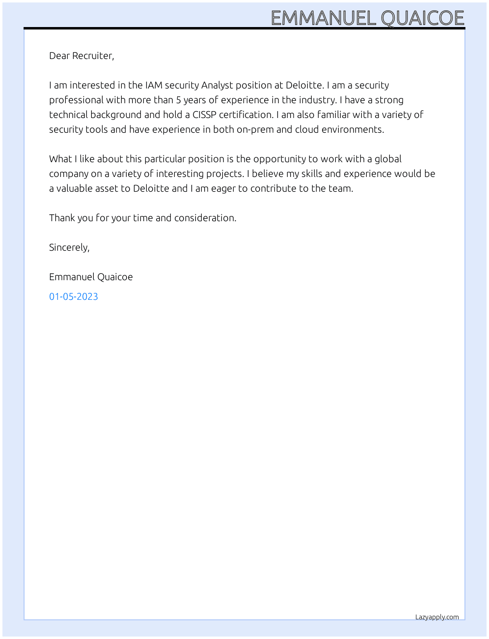 IAM security Analyst  At Deloitte Cover Letter
