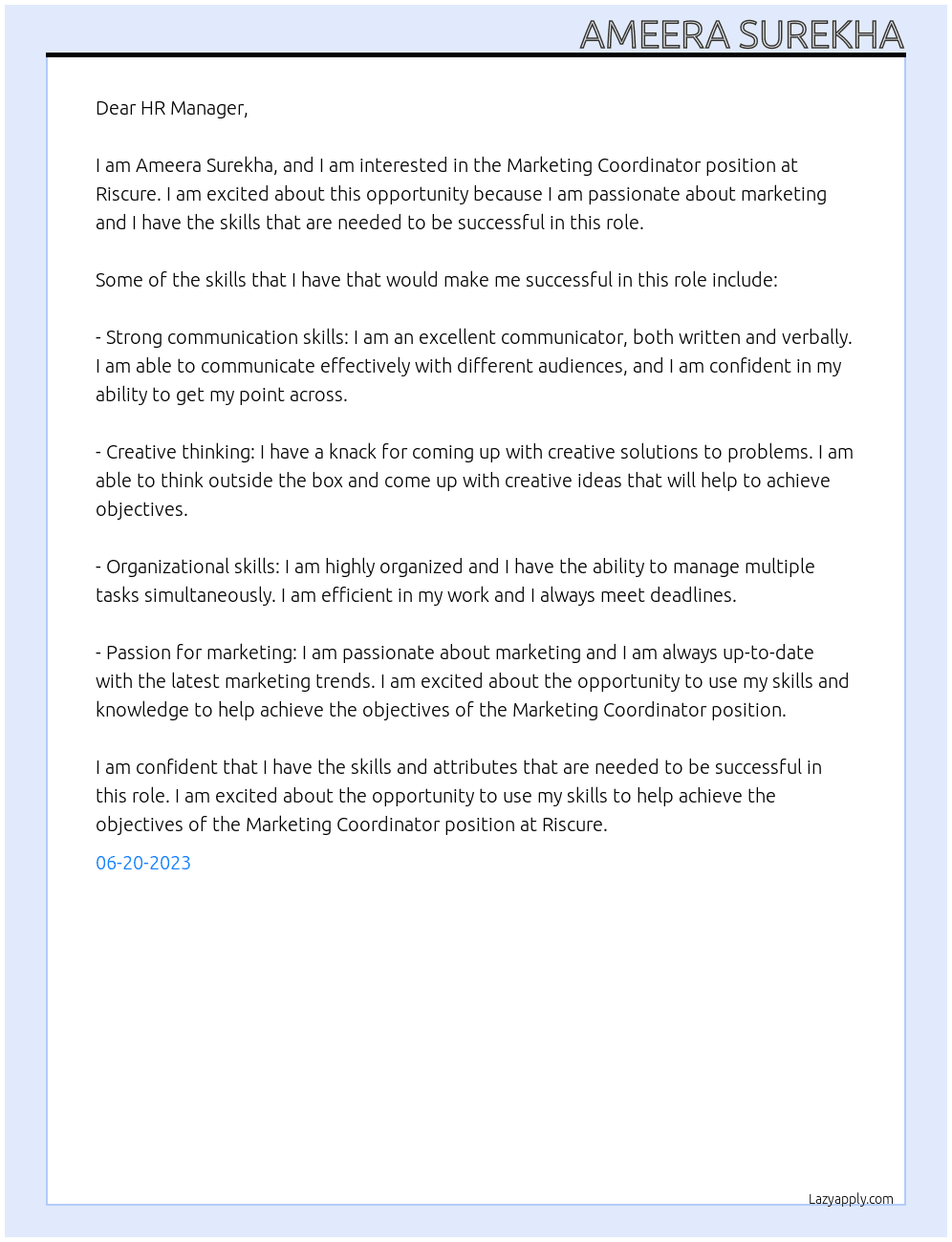 Marketing Coordinator At Riscure Cover Letter