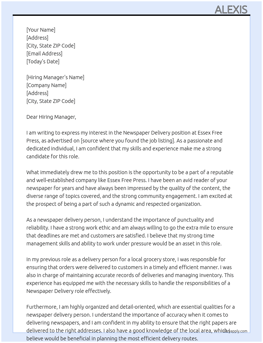 Newspaper Delivery  At Essex Free Press Cover Letter