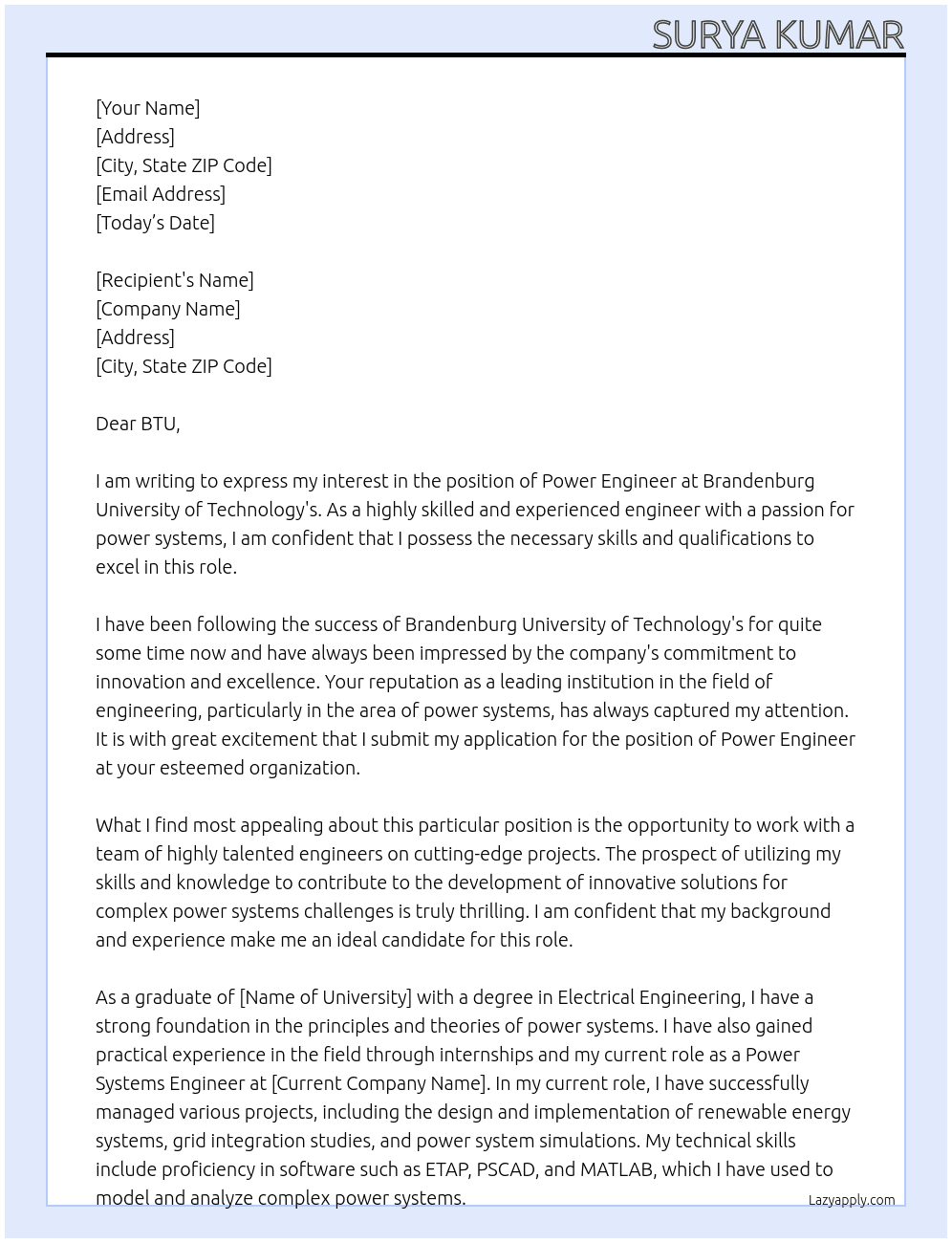 power engineer At Brandenburg University of Technology's  Cover Letter