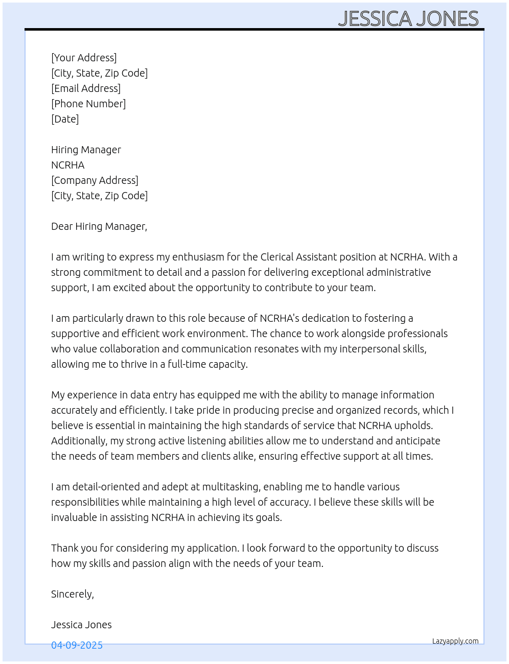 Clerical assistant  At NCRHA Cover Letter