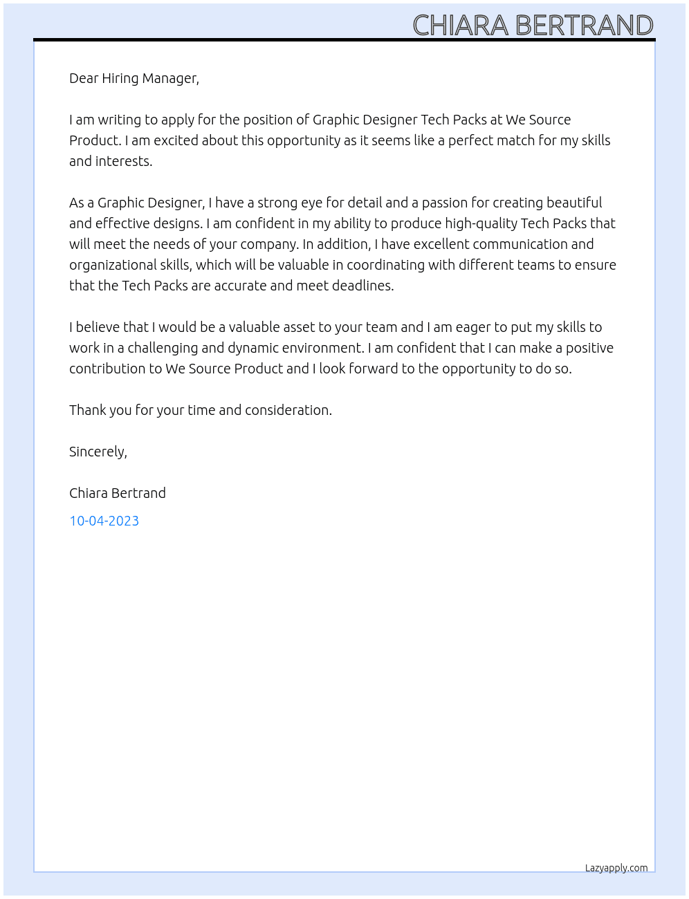 Graphic Designer Tech Packs At We Source Product  Cover Letter