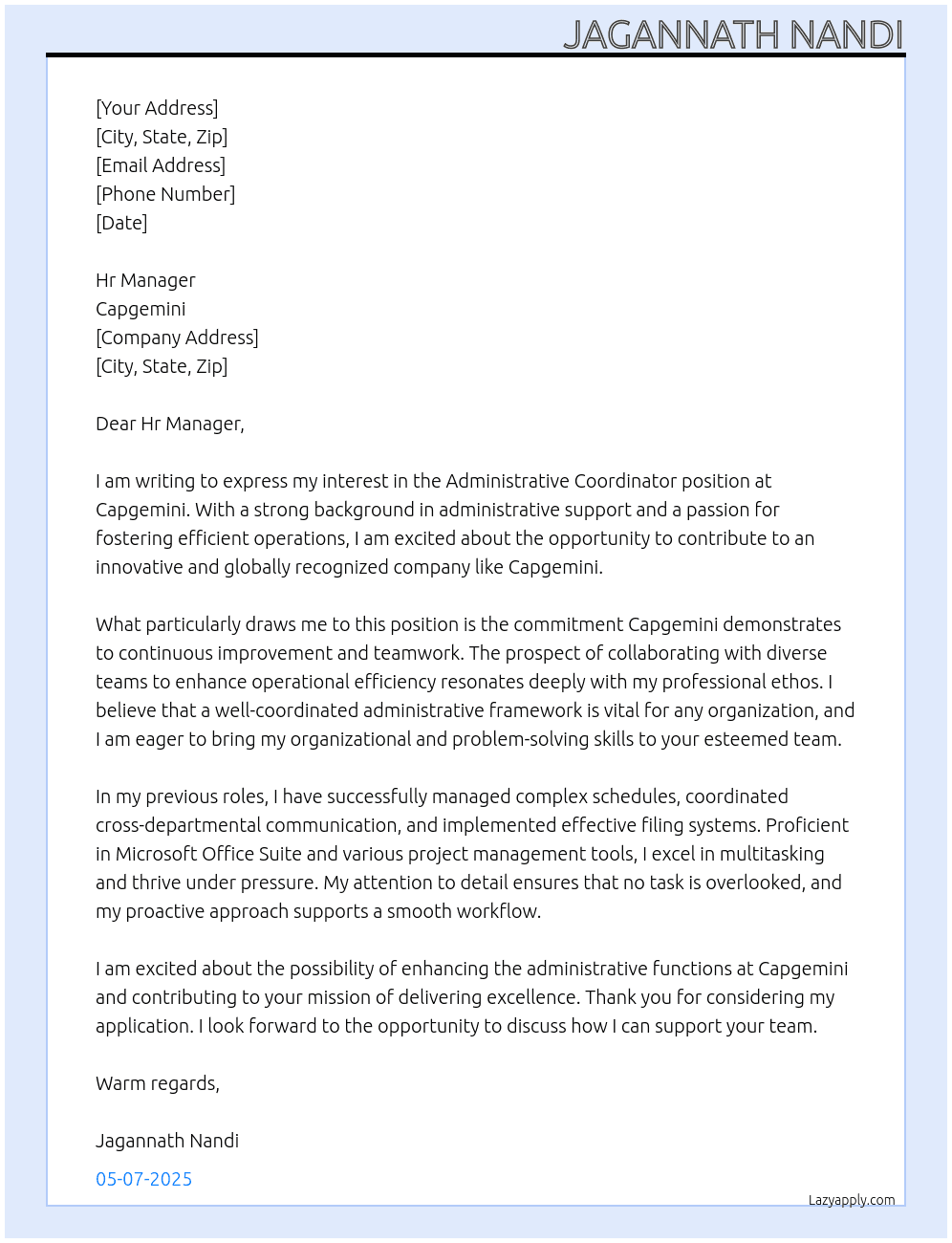 Administrative Coordinator At Capgemini Cover Letter