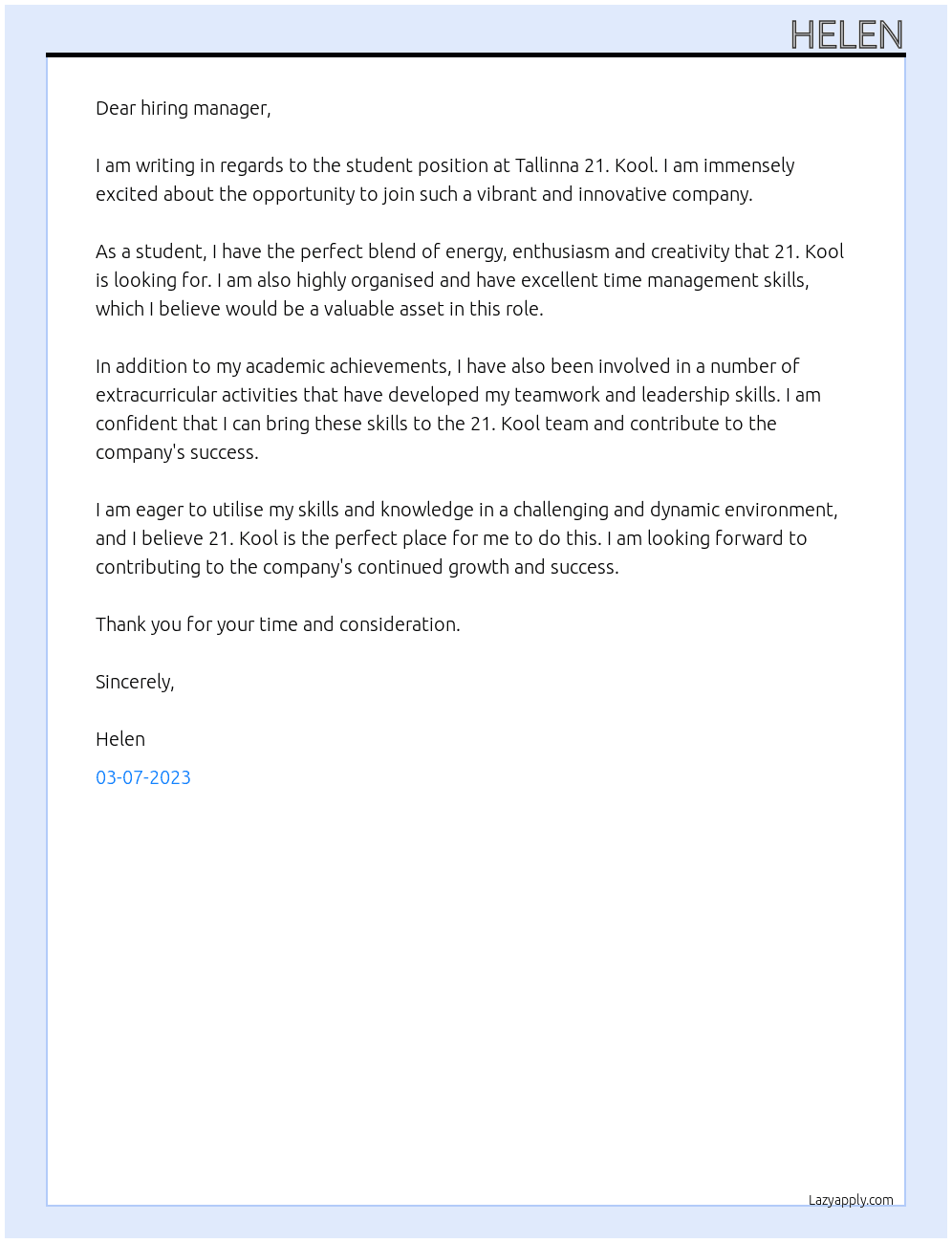 Student At Tallinna 21. Kool Cover Letter