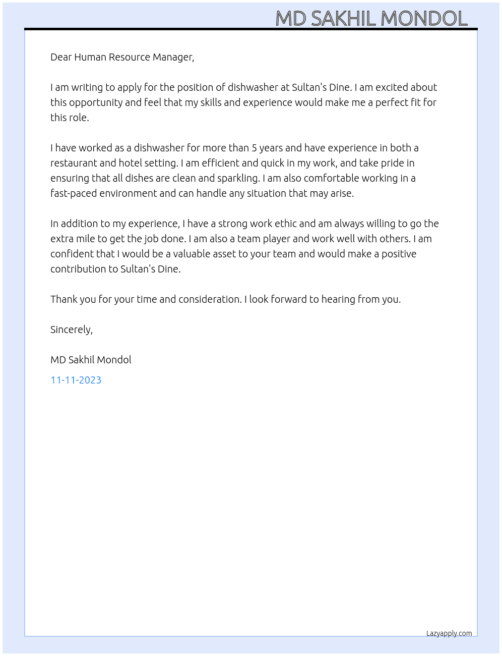 Dishwasher  At Sultan's Dine Cover Letter