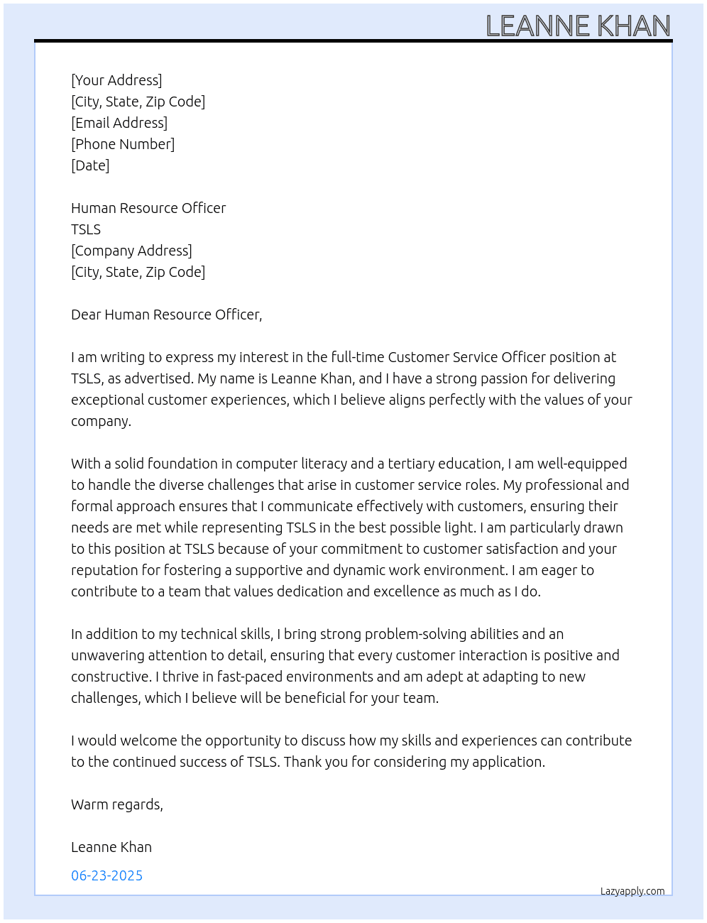 Customer service officer  At TSLS Cover Letter