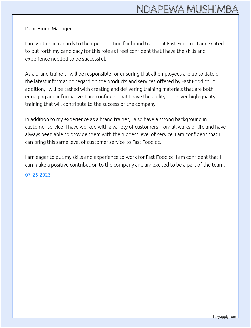 brand trainer At Fast Food cc Cover Letter