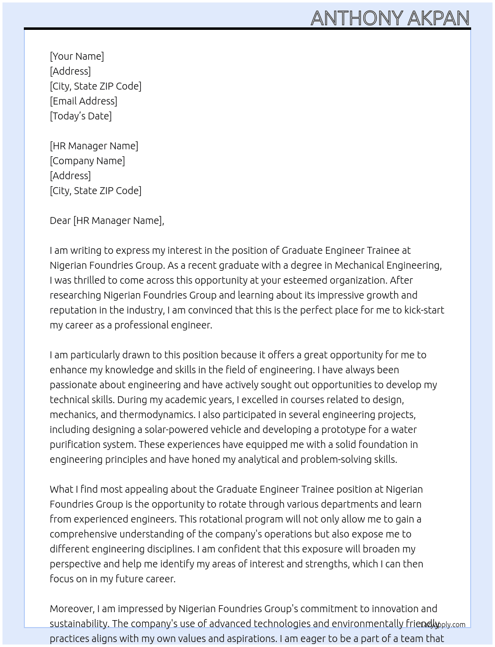 Graduate Engineer Trainee At Nigerian Foundries Group Cover Letter