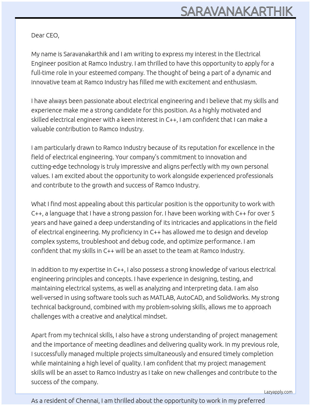 Electrical engineer  At Ramco industrue  Cover Letter