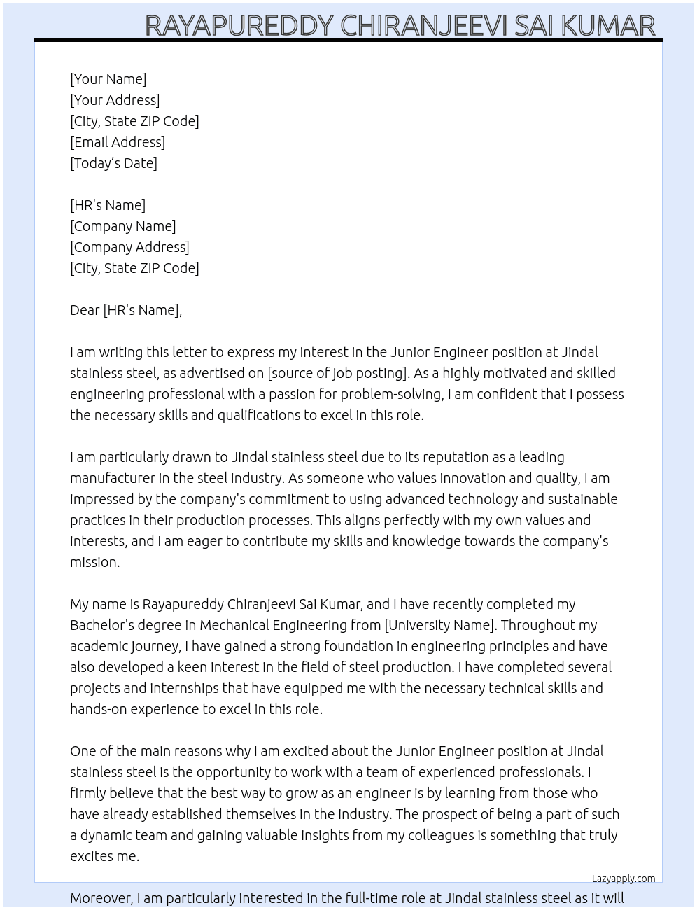Junior Engineer  At Jindal stainless steel  Cover Letter
