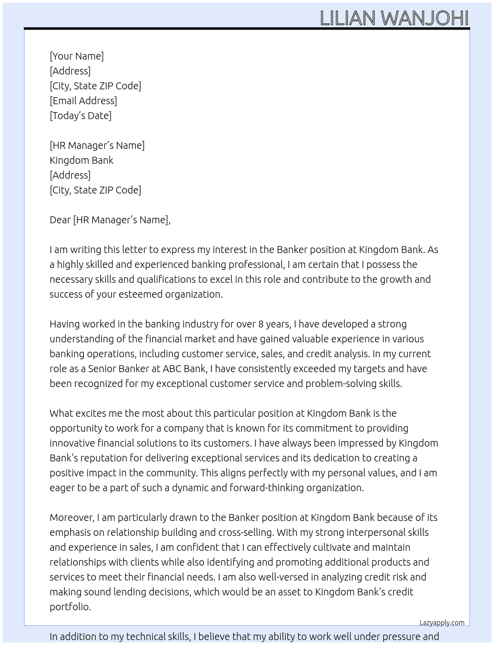 Banker At Kingdom Bank Cover Letter