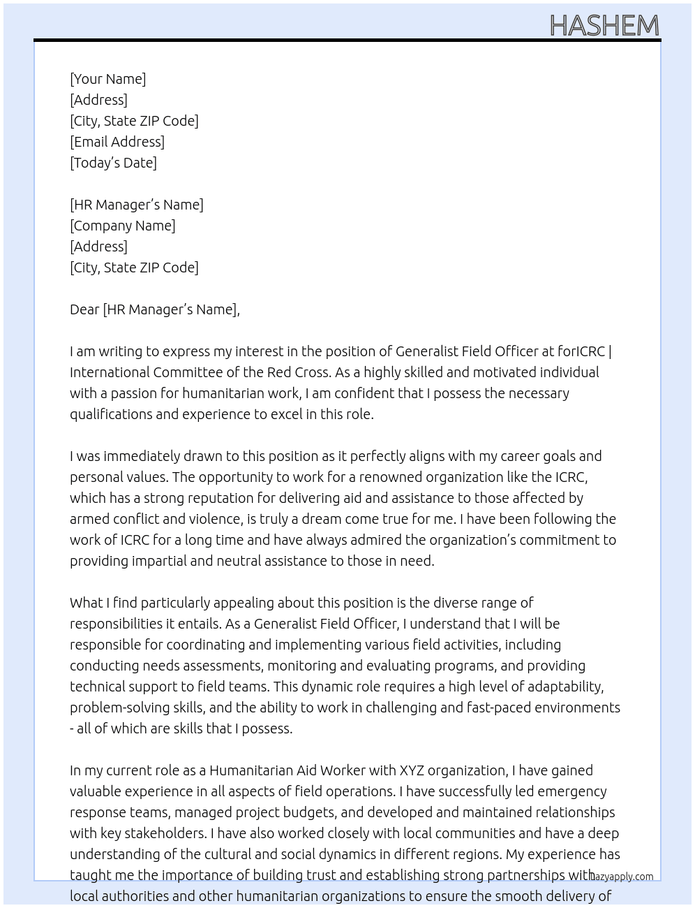 Generalist Field Officer At forICRC | International Committee of the Red Cross Cover Letter