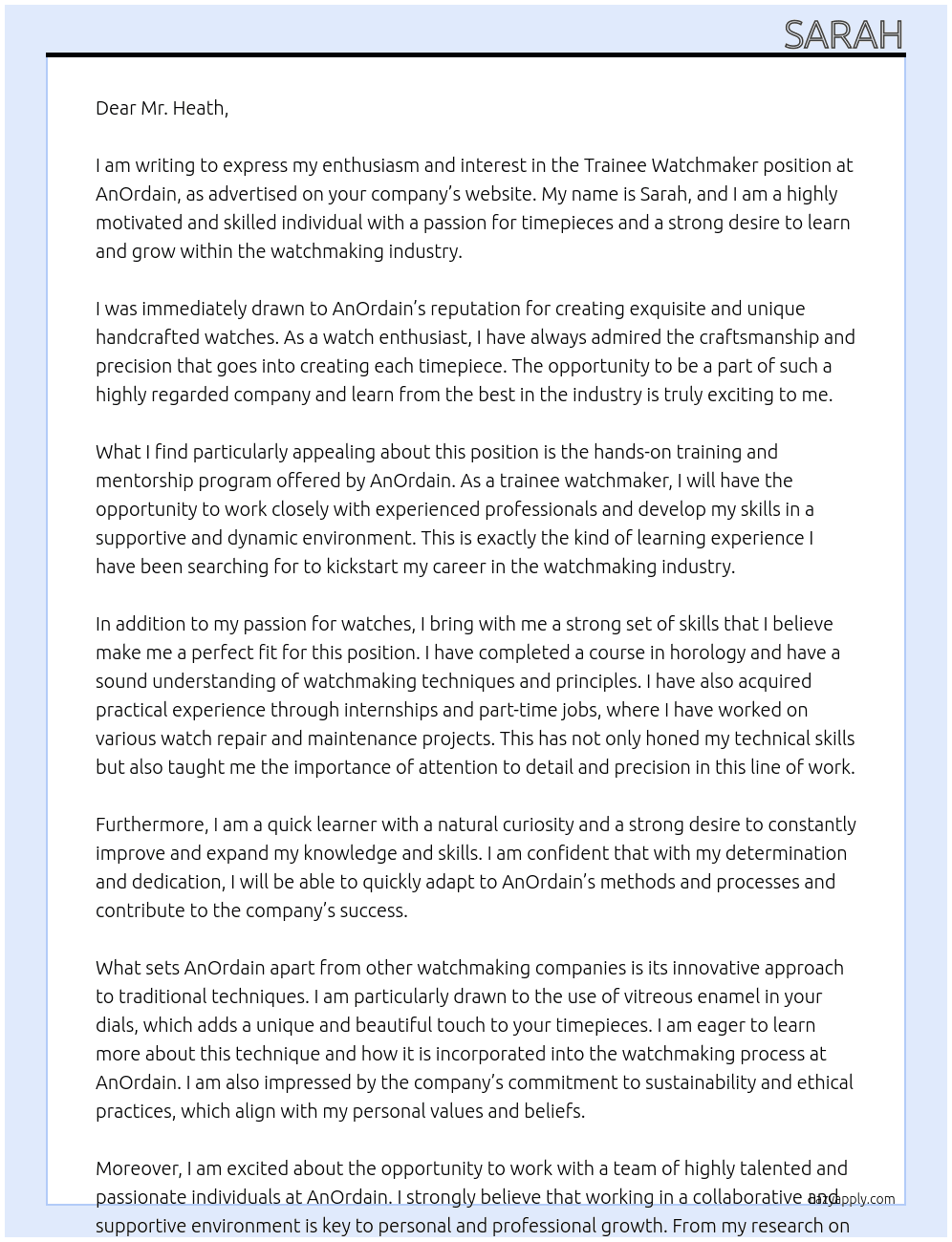 Trainee watchmaker At AnOrdain Cover Letter