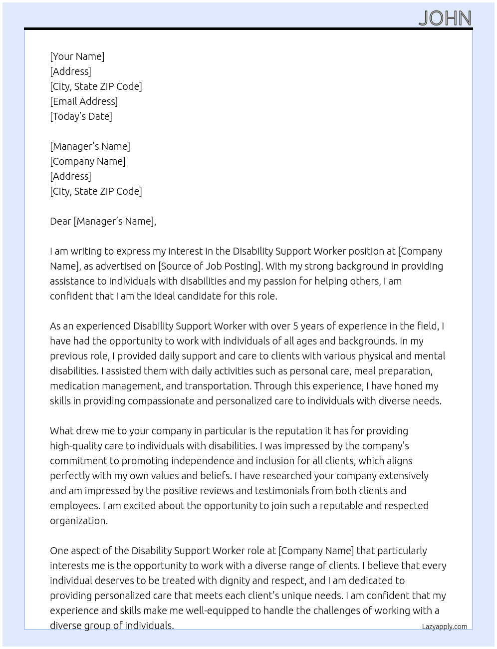 Disability support worker  At Drake  Cover Letter