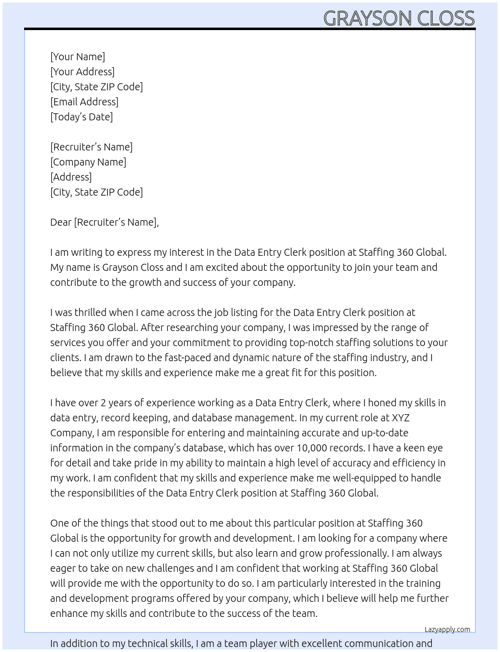 Data Entry Clerk At Staffing 360 Global Cover Letter