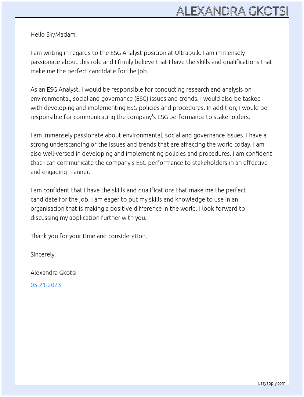 ESG Analyst At Ultrabulk Cover Letter