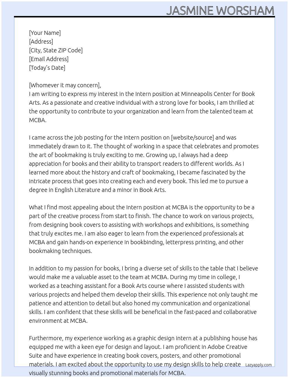 Intern At Minneapolis Center for Book Arts Cover Letter