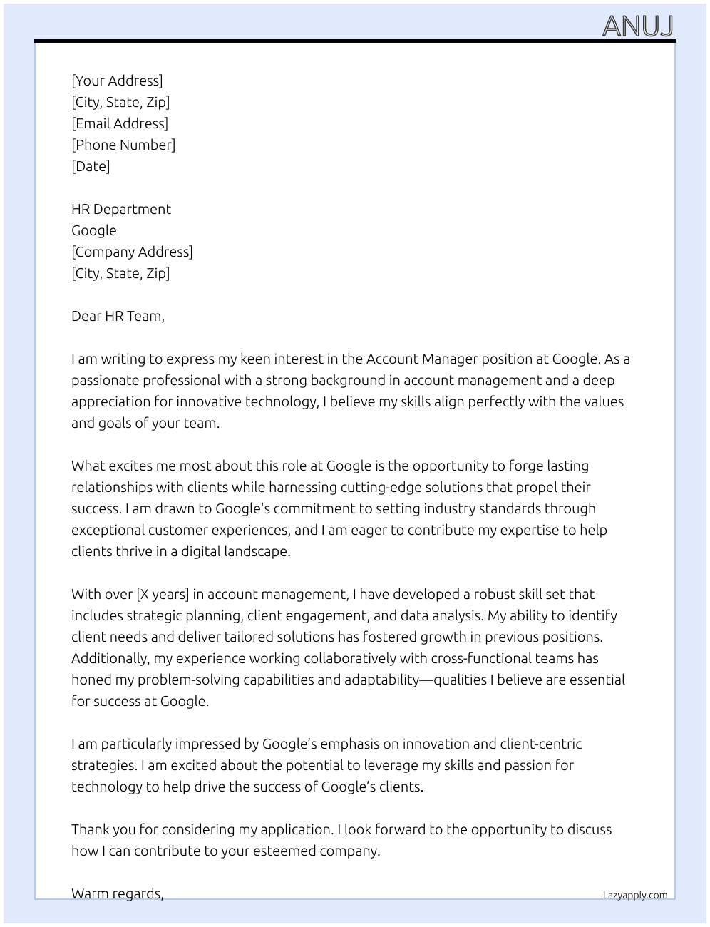 Account manager At google Cover Letter