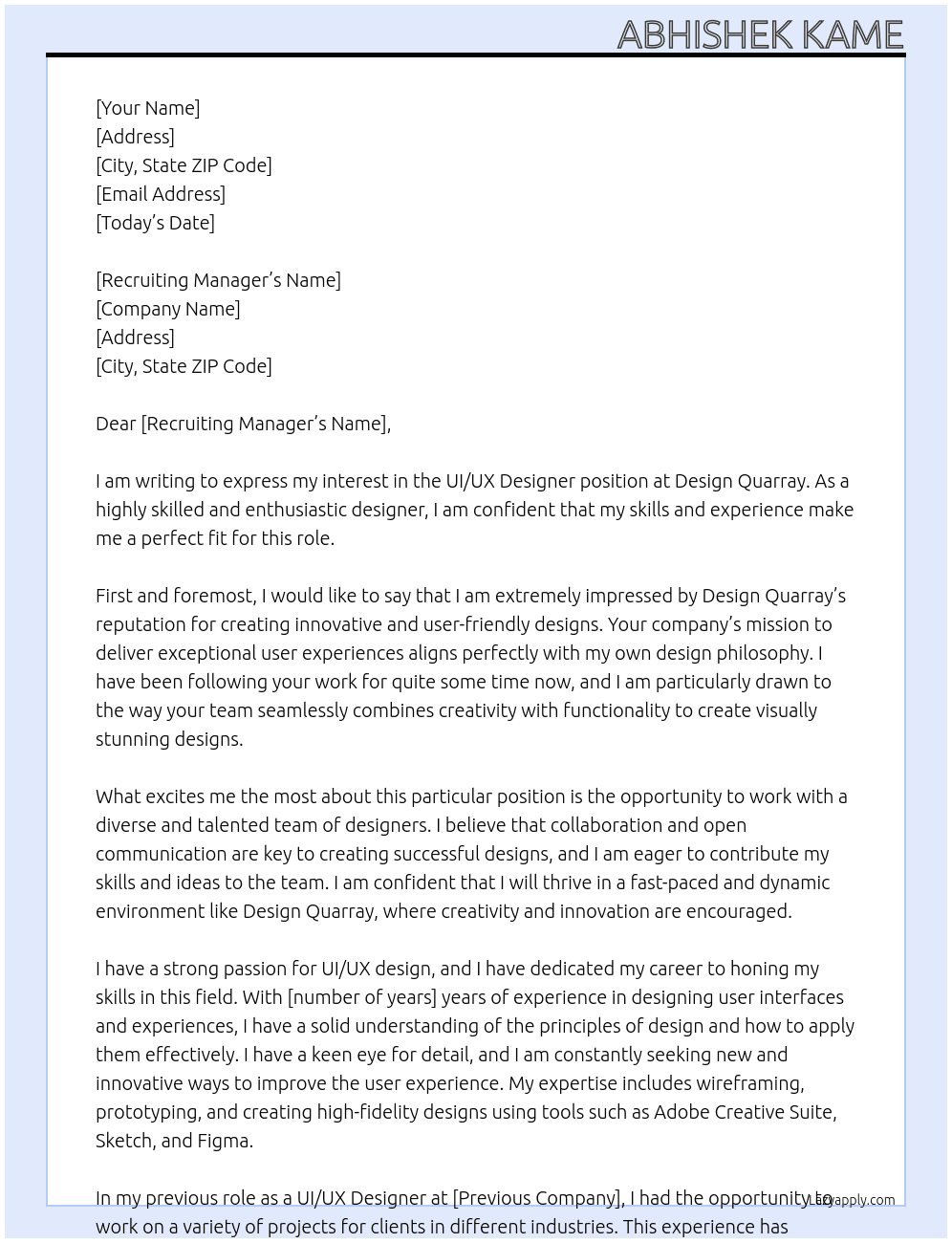 UI/UX designer At Design Quarray Cover Letter