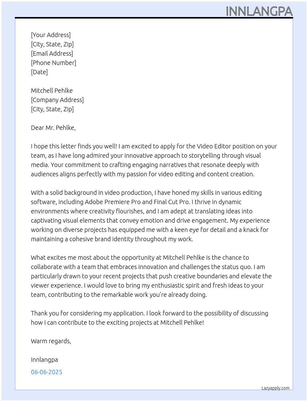 Video Editor At Mitchell Pehlke Cover Letter