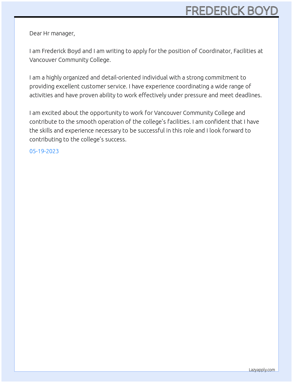 Coordinator, Facilities At Vancouver Community College Cover Letter