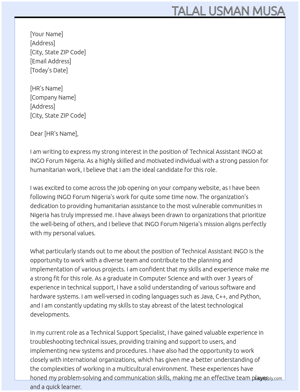 Technical Assistant INGO  At  INGO Forum Nigeria Cover Letter