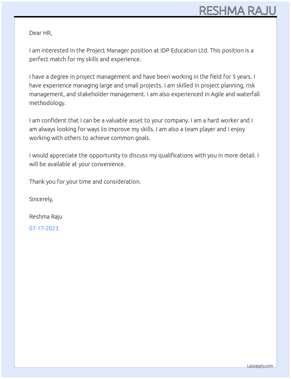 Project Manager At IDP Education Ltd Cover Letter