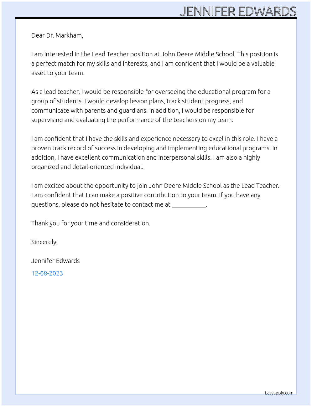Lead Teacher At John Deere Middle School Cover Letter