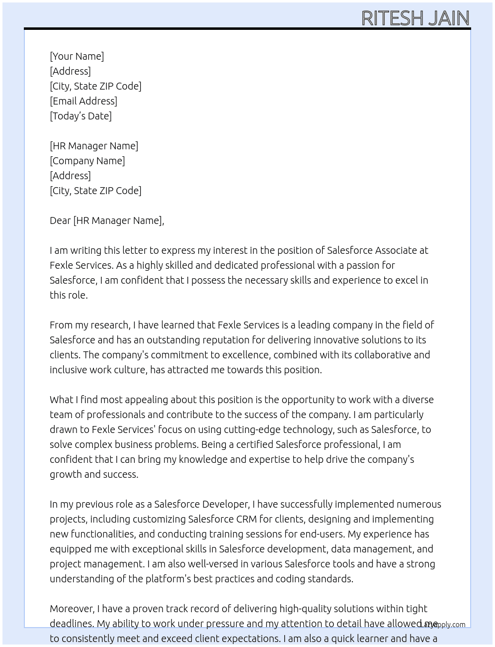 Salesforce associate a At Fexle services  Cover Letter