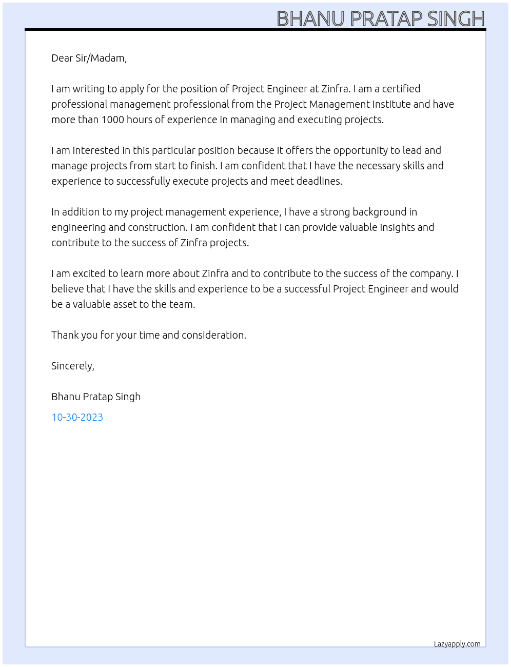 Project Engineer At zinfra Cover Letter