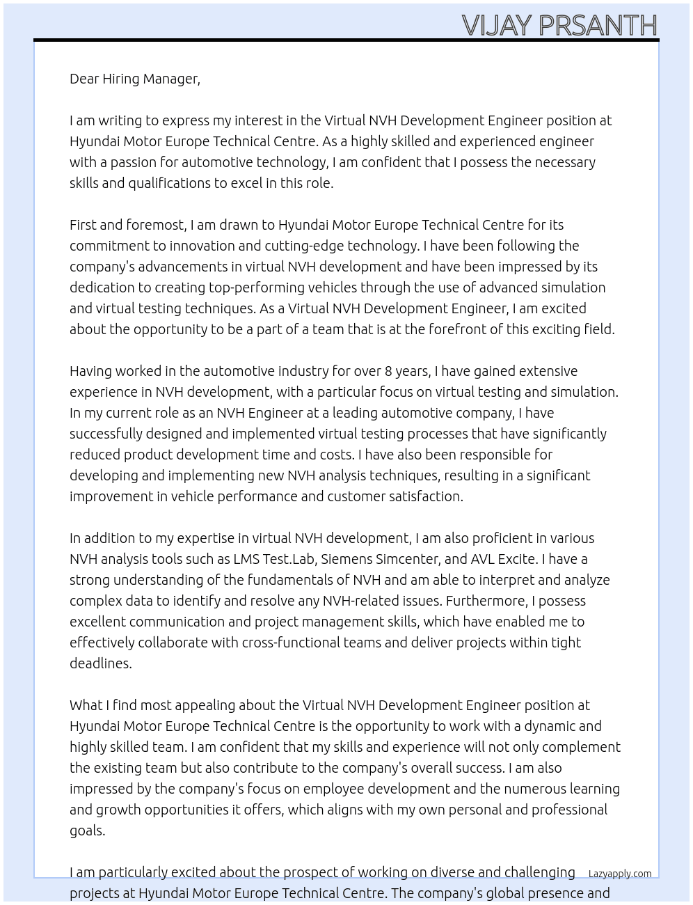 Virtual NVH Development Engineer At Hyundai Motor Europe Technical Centre Cover Letter
