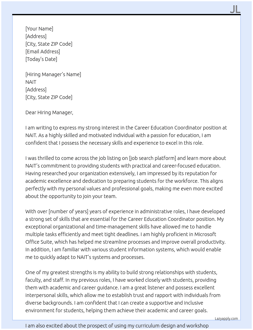 Career Education Coordinator At NAIT Cover Letter