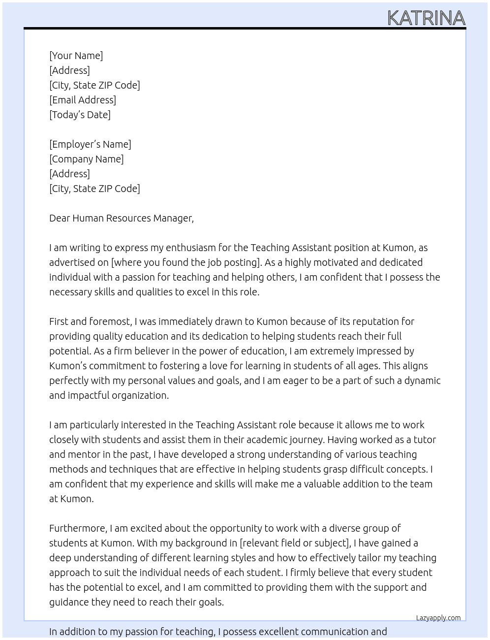 Teaching assistant At Kumon Cover Letter
