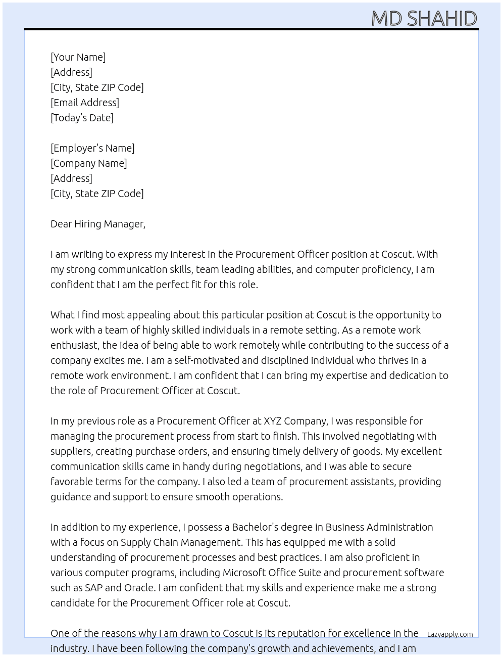 Procurement Officer At Coscut Cover Letter