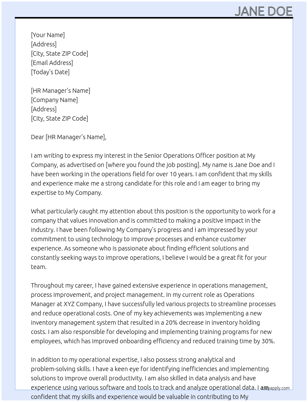 Senior Operations Officer At My Company Cover Letter