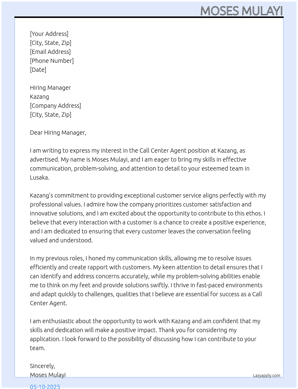 Call Center Agent  At Kazang Cover Letter