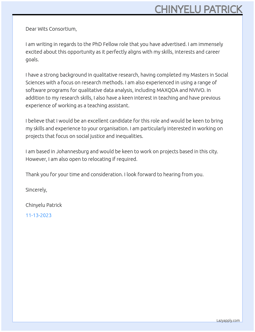 PhD At NIHIR Cover Letter