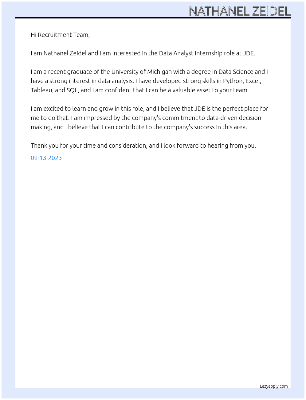 Data Analyst At JDE Cover Letter