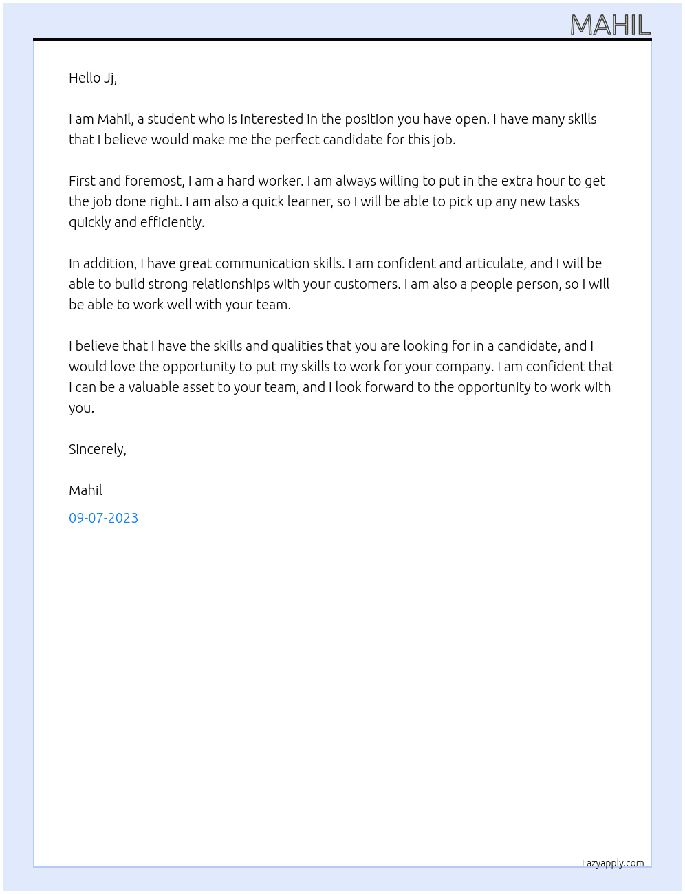Student At Jj Cover Letter