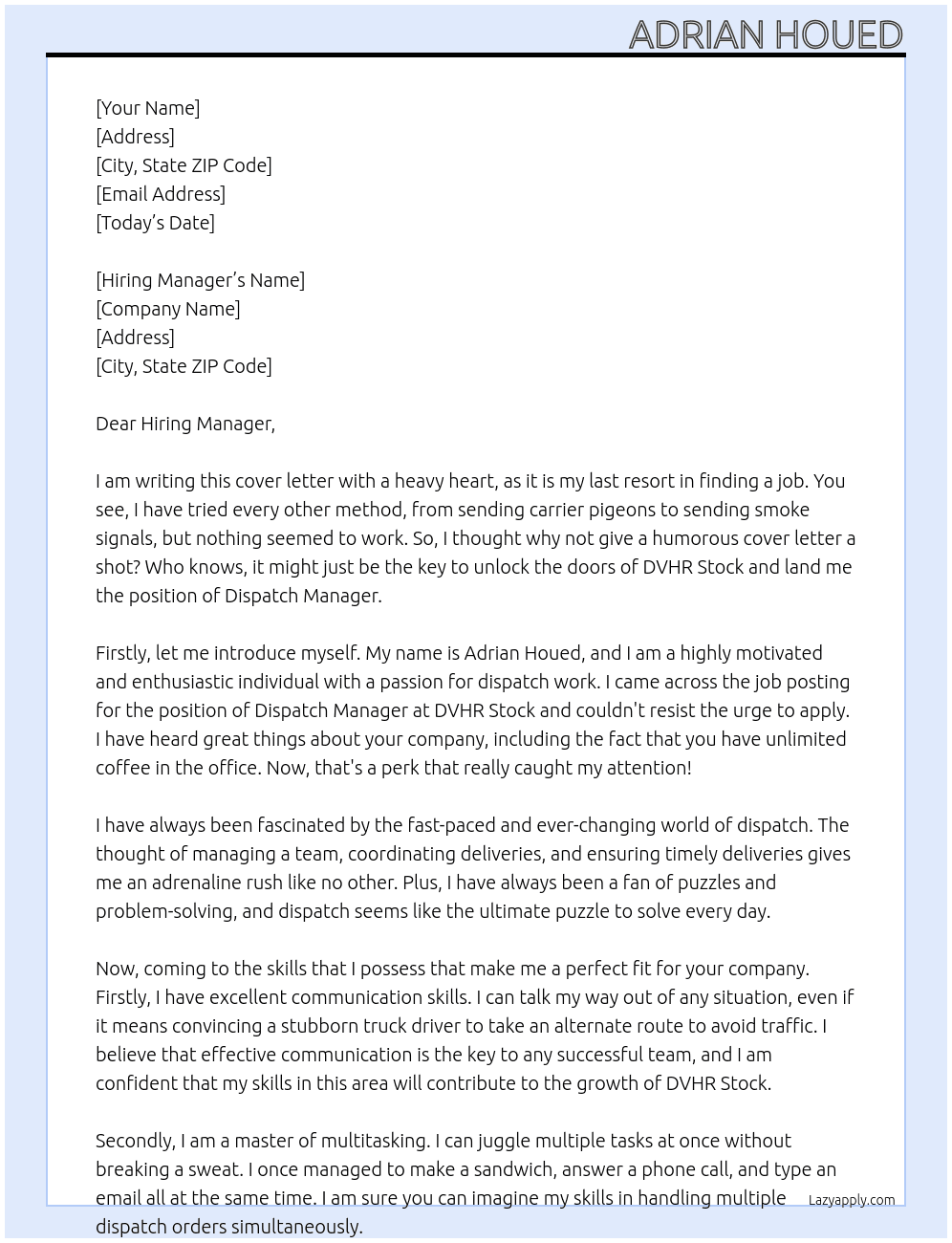 dispatch At DVHR Stock Cover Letter