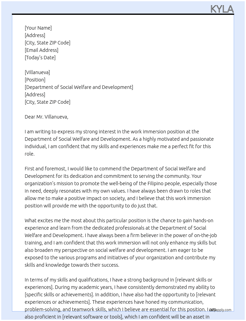 work immersion At Department of Social WelfDepartment of Social Welfare and Developmentare and Development Cover Letter